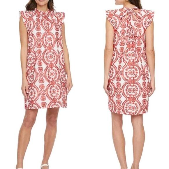 Maia Medallion Embroidered Cap Ruffle Sleeve Shift Dress 4 White Red - Picture 2 of 10